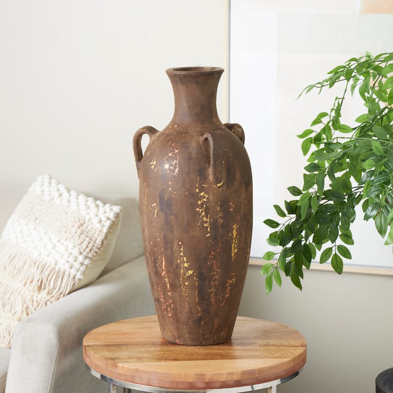Ceramic Antique Style Distressed Vase with Handles - Dark Brown - Roche River Decor - 11"W x 10"L x 24"H