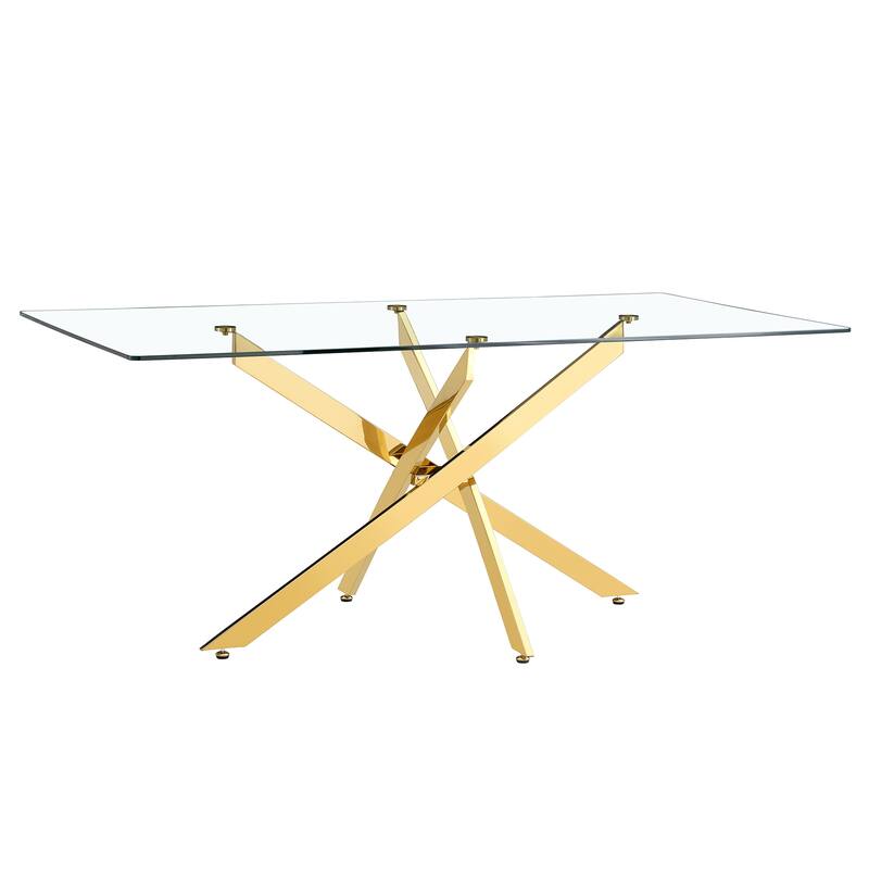 Large Modern Minimalist Rectangular Glass Dining Table with 0.4" Tempered Glass Tabletop and Gold Metal Legs, for 4-6 people - Gold,Transparent