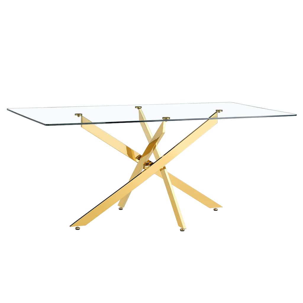 Large Modern Minimalist Rectangular Glass Dining Table with 0.4" Tempered Glass Tabletop and Gold Metal Legs, for 4-6 people