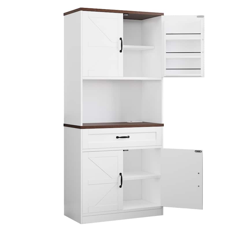 Gymojoy 70" Farmhouse Kitchen Pantry Cabinet With Operation Table & Power Outlet, Freestanding Cupboard