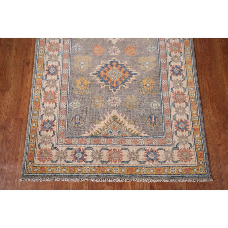 Grey Geometric Kazak Runner Rug Handmade Wool Carpet - 2'10" x 9'10"