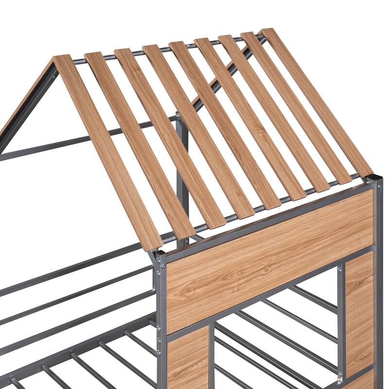 Twin Size Metal Loft Bed with Roof, Window, Guardrail, and Ladder