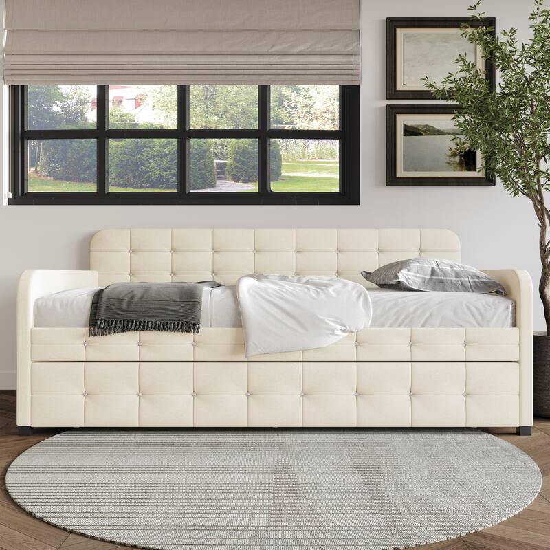 Clayfell Elyria Diamond Button Tufted Velvet Upholstered Daybed - Twin - Beige