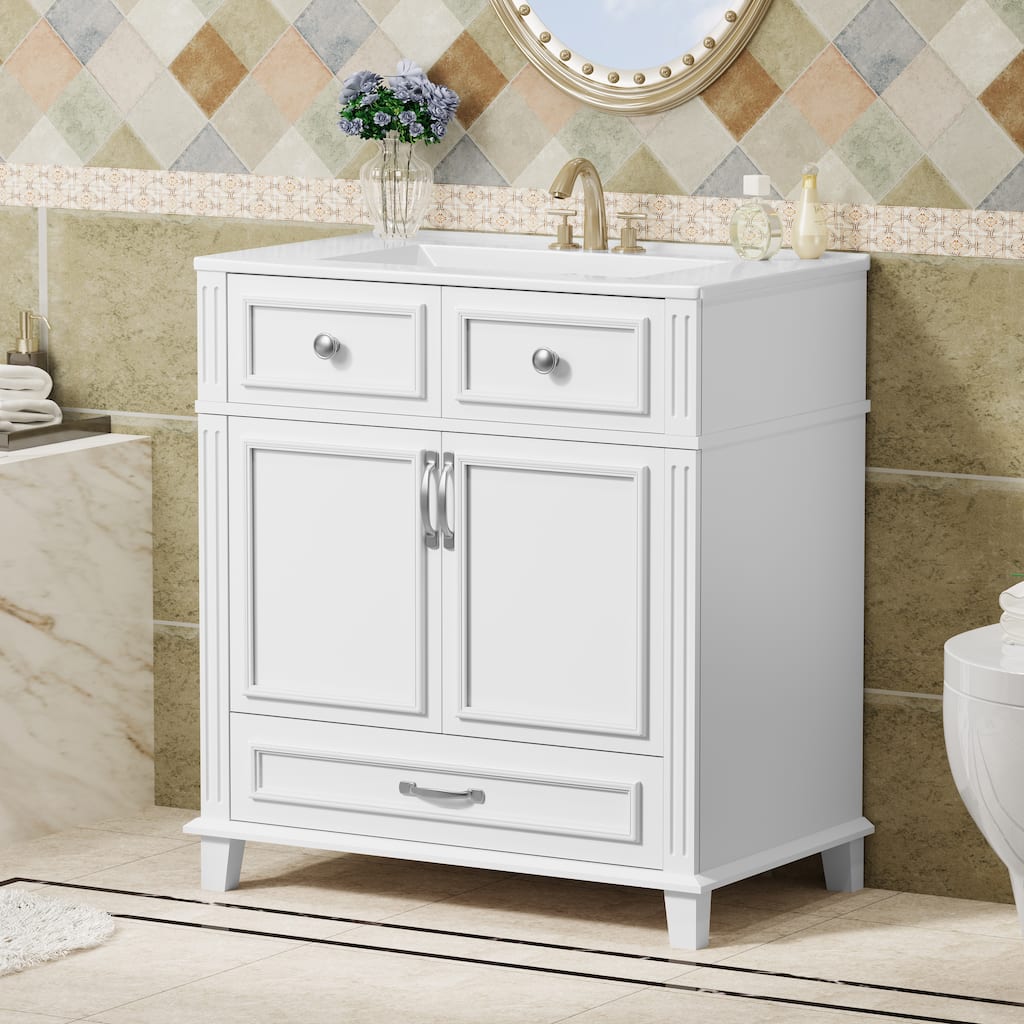 30''Bathroom Vanity With Ceramic Sink,Solid Wood Frame Bathroom Storage Cabinet With Soft Closing Doors,Retro Style