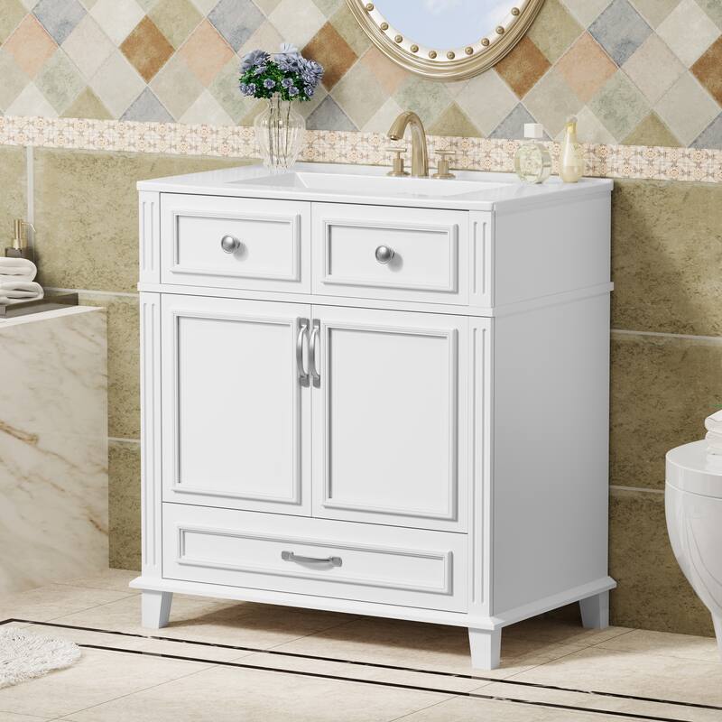 Bathroom Vanity with Resin Sink, Bathroom Cabinet with Soft Closing Doors, Bathroom Vanity Set with Solid Wood Frame - White