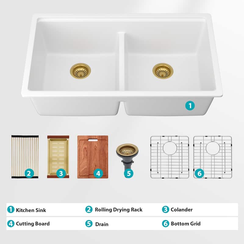 Undermount Double Bowl Quartz Kitchen Sink in White - 33'' x 19'' x 9.65''