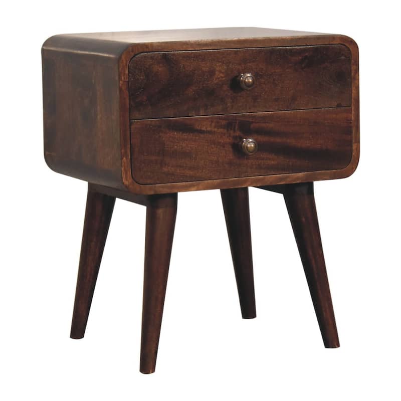 Artisan Furniture Solid Wood Curved California Walnut Bedside, Dark Brown With Two Drawers