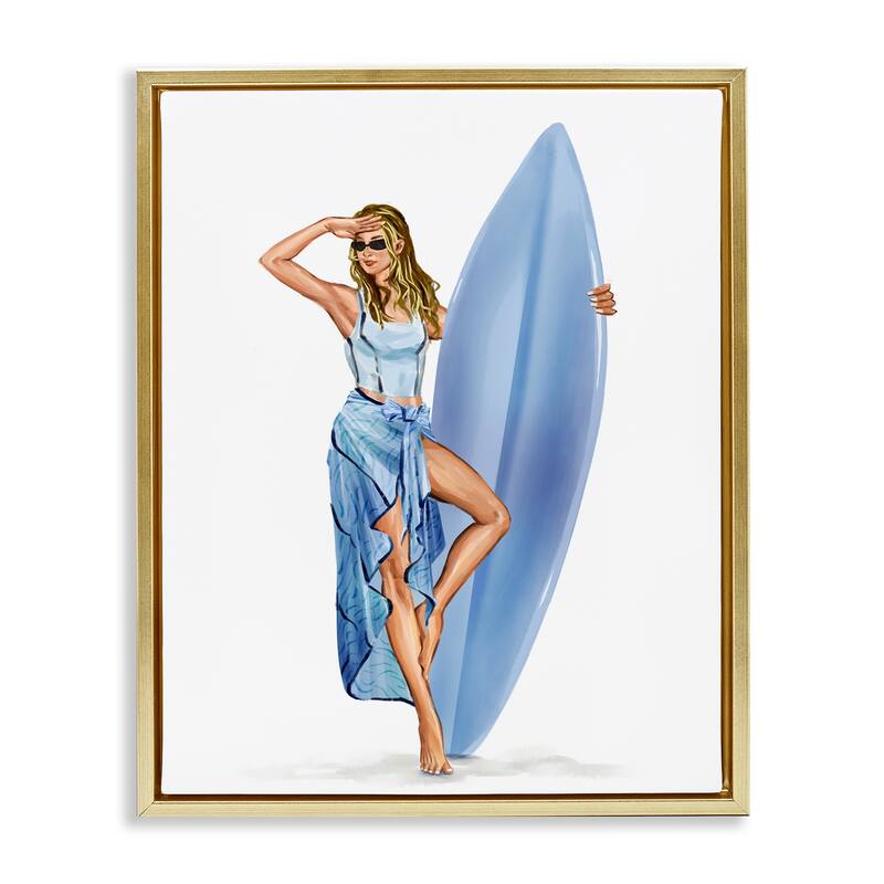 Stupell Trendy Surfer Girl in Blue Framed Floater Canvas Wall Art Design By Ziwei Li - 25 x 31 - Gold