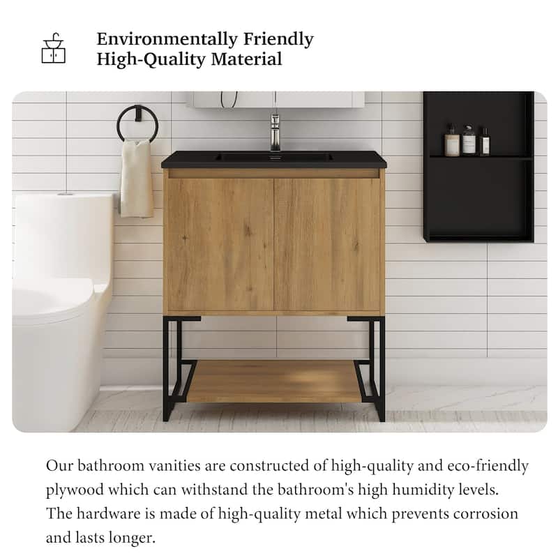 Freestanding Bathroom Vanity Set in Oak with Integrated Solid Surface Sink