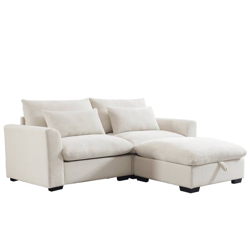 Multifunctional Loveseat Set with Storage Ottoman, Modern Sectional Sofa Corduroy Upholstered Couch with Pillows