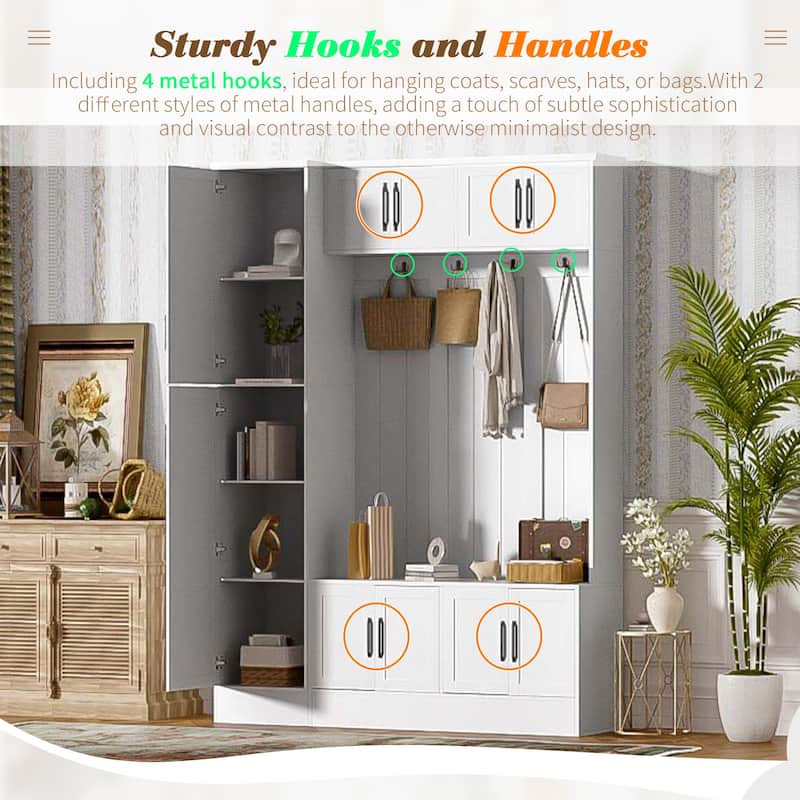 79" Modern Hall Tree with Shoe Storage, 4-in-1 Entryway Bench with 4 Coat Hooks & Adjustable Shelf Mudroom Wood Storage Cabinet
