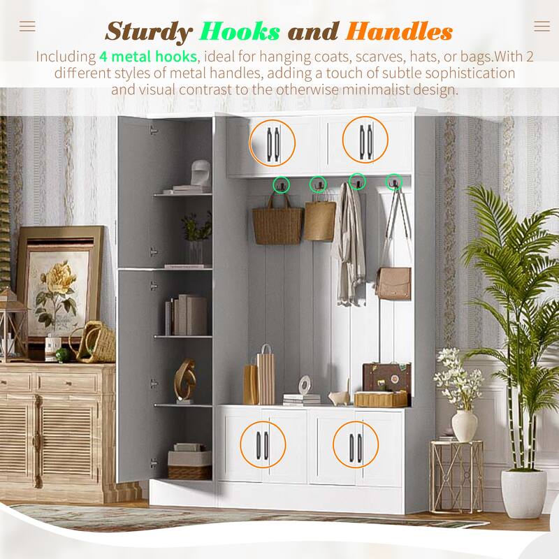 79" Tall Modern Hall Tree with 6 Cabinets, 4 Coat Hooks & Adjustable Shelf - 4-in-1 Entryway Storage Bench