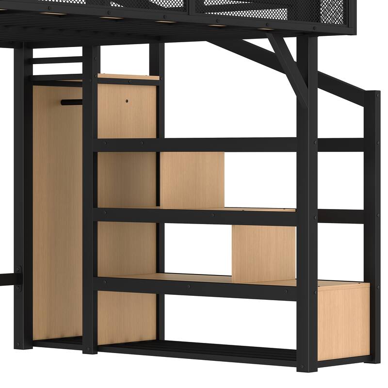 Noise-reduced Design Metal Loft Bed Frame with Storage Stairs, Shelves, Built-in Wardrobe, Light Strip and Charging Station