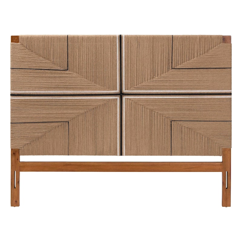 Prita Paper Loom Headboard with Mahogany Wood, Handwoven Bed Panel with Geometric Design, Boho Rustic Bedroom Accent