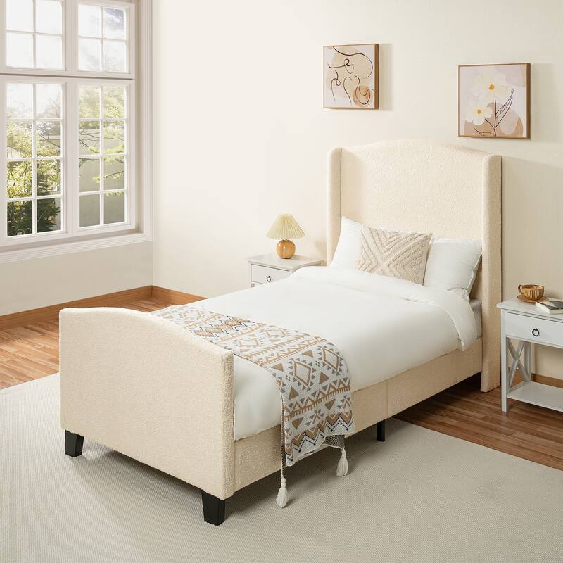 Twin Size Upholstered Platform Bed Frame with High Back Headboard, Teddy Velvet, No Box Spring Needed - White
