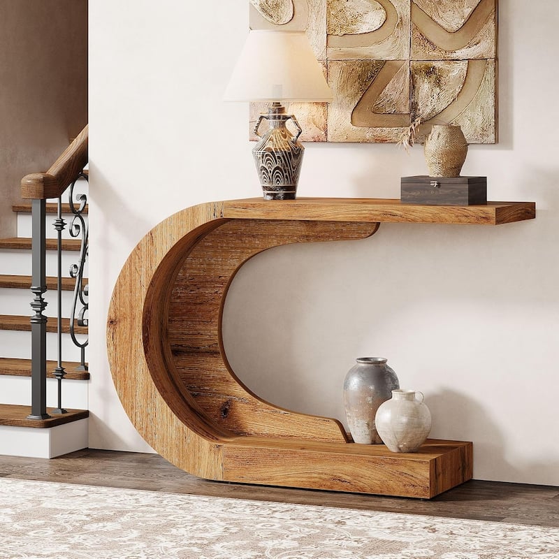 43-Inch Mid-Century Modern C-Shaped Console Table for Entryway, Living Room, Entrance, Foyer - Natural Brown