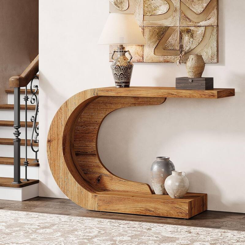 43.3 Inches Brown Wood C-Shaped Console Table, Mid-Century Modern Entryway Table for Living Room - Natural Brown