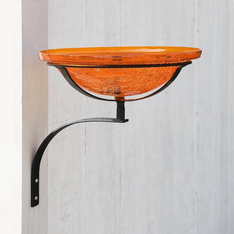 Achla Designs Reflective Crackle Glass Birdbath Bowl With Wall Mount Bracket, 12.5 Inch Diameter, Mandarin Orange