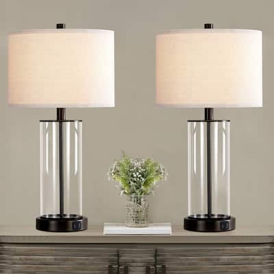KAWOTI 23 inch Glass Table Lamp Set with Bulbs and USB Ports (set of 2)