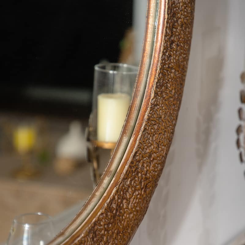 31.3" Hammered Gold Round Wall Mirror - Iron Frame & MDF Back Decorative Mirror, Rustic Accent Mirror - Golden