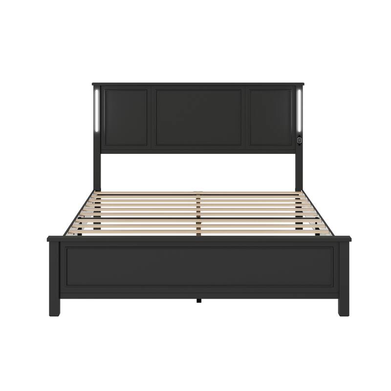 Modern Queen Size Bed Frame with Wood Headboard, LED Light Bar and Charging Station, No Box Spring Needed, Bedroom Furniture