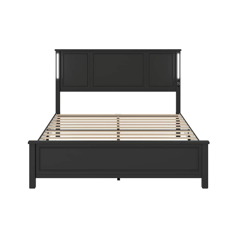 Queen Size Platform Bed with Wood Headboard,Charging Station and LED Lights
