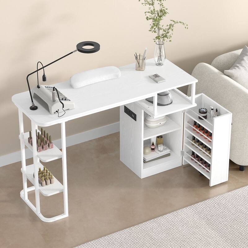 Manicure Table, Nail Tech Desk with Charging Outlet, Nail Station with Shelf & Drawers