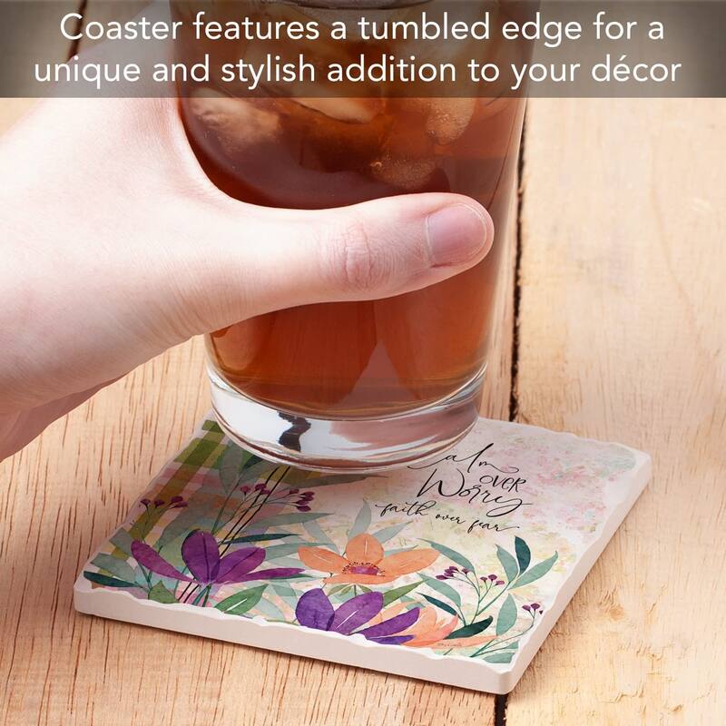 CounterArt Calm Over Worry Absorbent Stone Tumbled Tile Coaster Set of 4 Made in The USA Protective Cork Backing