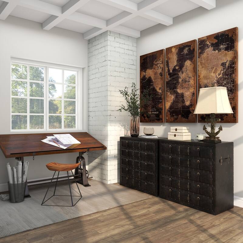 Black Wooden Vintage Faux Leather Room Chest with Buckles and Straps Detailing