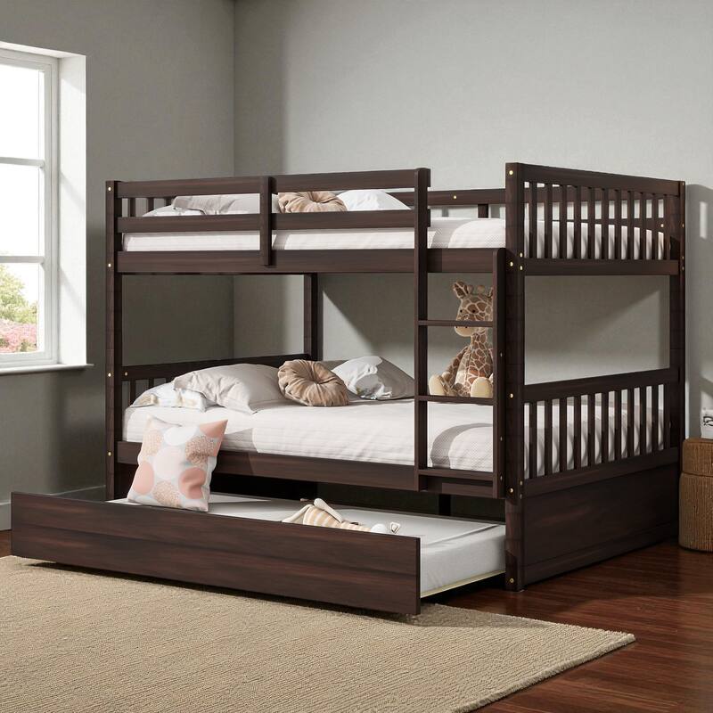 Full Over Full Rubber Wood Bunk Bed with Trundle, Convertible into Two Full Beds, Ladder and Guardrails Included