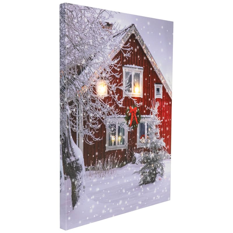 LED Fiber Optic Red Snowy Barn House Christmas Wall Art 15.75 x 12