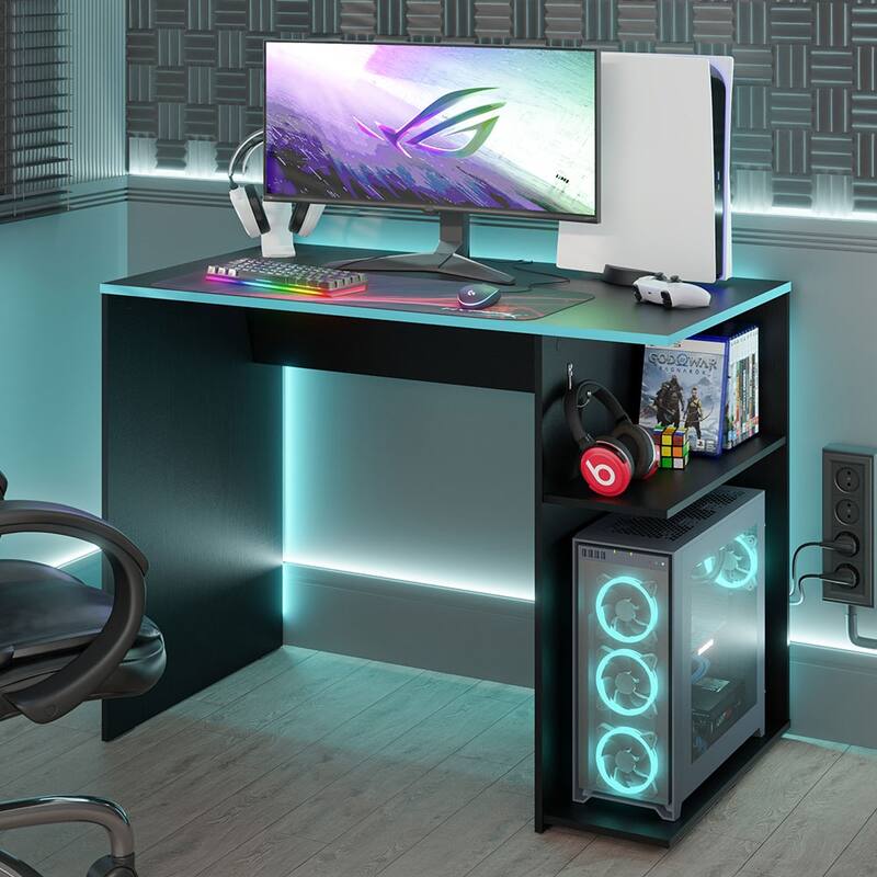 Madesa Gaming Computer Desk with 2 Shelves, Cable Management and Large Monitor Stand, Wood, 21" D x 39" W x 30" H - White - Black/Blue