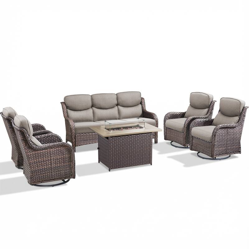 Pocassy Outdoor Fire Pit Sofa Swivel Chairs Ottoman Furniture Set