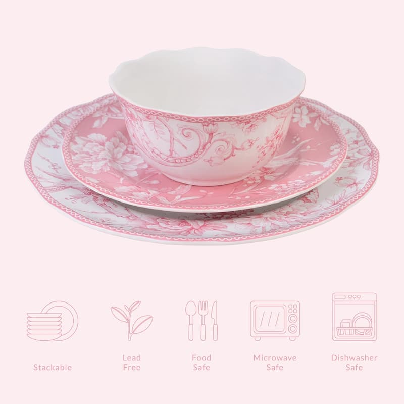 222 Fifth Adelaide Blush 12-Piece Pink Porcelain Dinnerware Set - Service for 4, White with Pink Floral Pattern