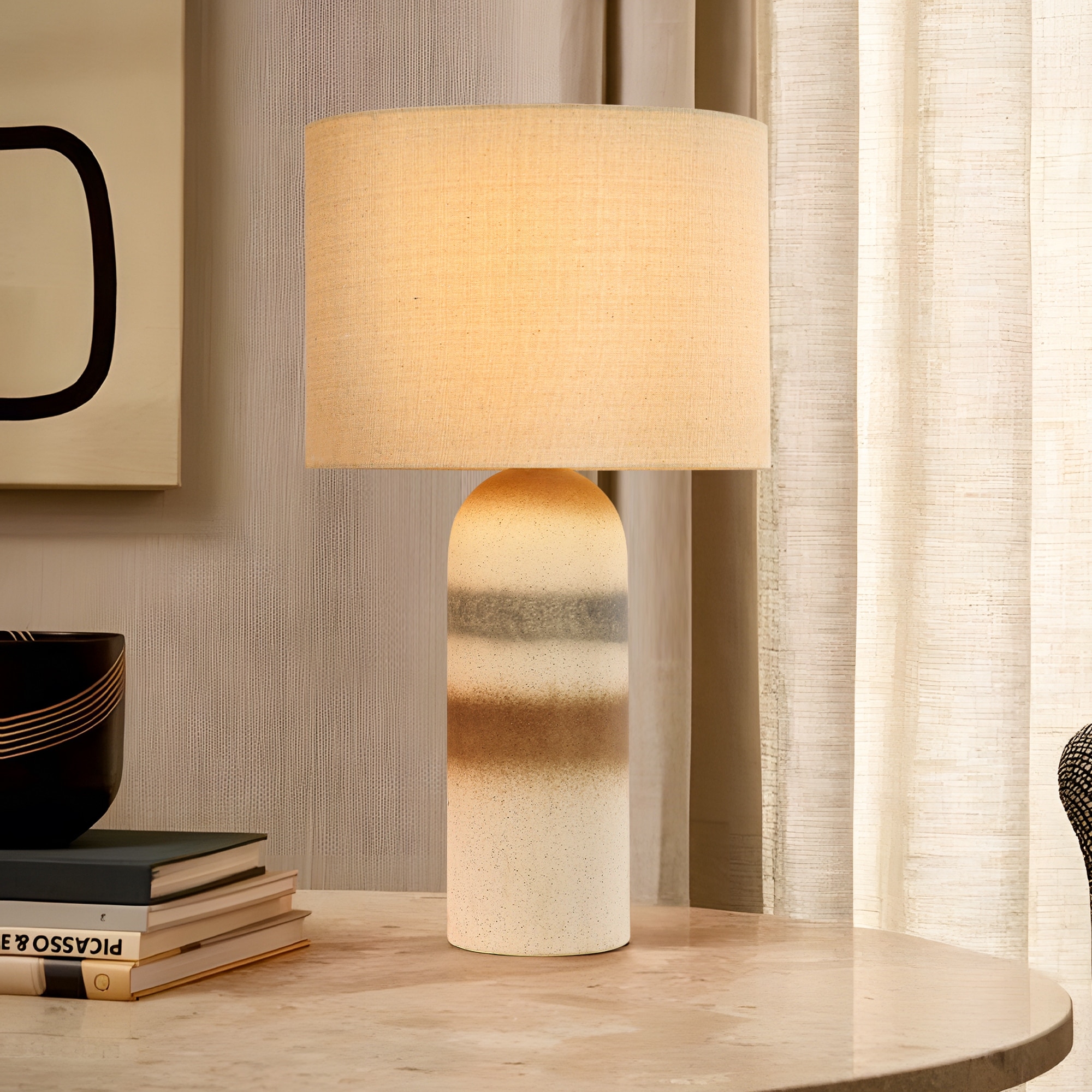 26" Painted Ceramic Accent Table Lamp with Drum Linen Shade