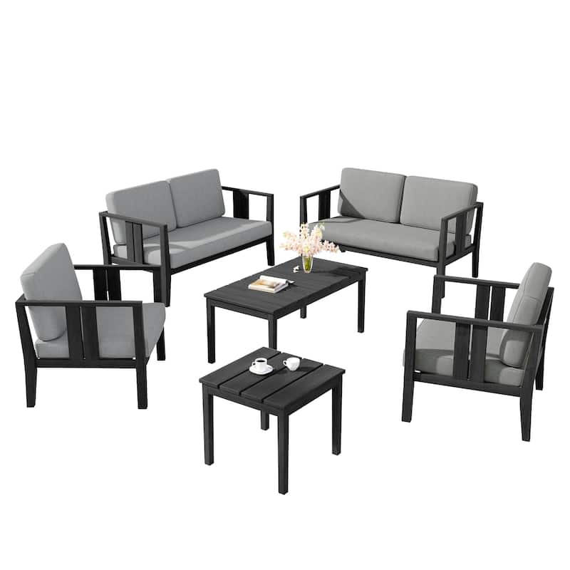 6-Piece Outdoor Furniture Solid Teak Patio Conversation Set with Table