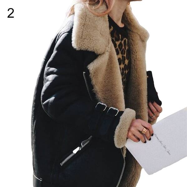 Shop Winter Suede Faux Fur Lapel Buckle Strap Long Sleeve Women