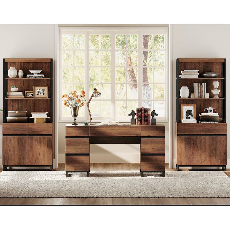 WAMPAT 59in Modern Executive Desk with Charging Station & Drawers and 2 PCS 72in Tall Bookcases with Storage Cabinet.
