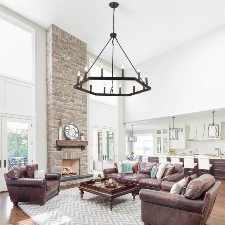 Modern Farmhouse 12-Light Hexagonal Design Wagon Wheel Chandelier for Dining Room Living Room Bedroom Kitchen - W35.43"x H27.83"