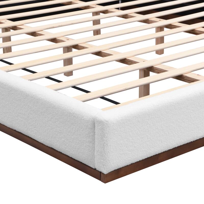 Elegant White Fabric Upholstered Bed With Nice Wood Grain Textured Solid Wood Base Frame,White,King