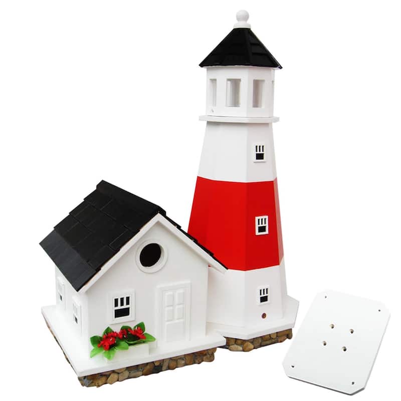 19.5" White and Red Montauk Point Lighthouse Post-Mount Wild Birdhouse