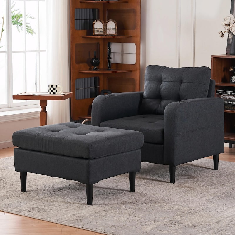 Upholstered Armchair and Storage Ottoman Set with Cup Holders and Tufted Detailing