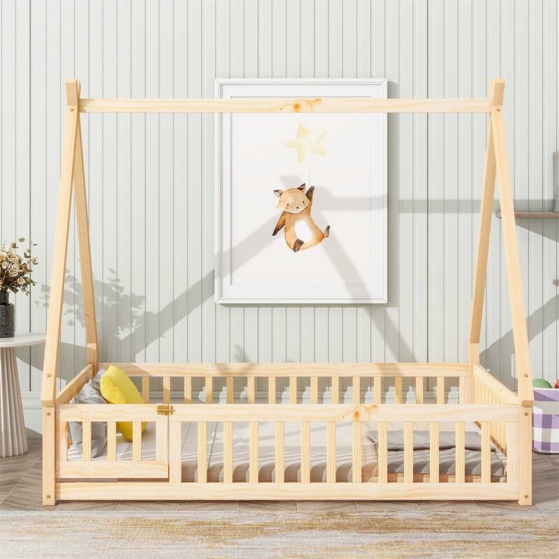Full Tent-shaped Floor Bed with Guardrails, Slats, Door