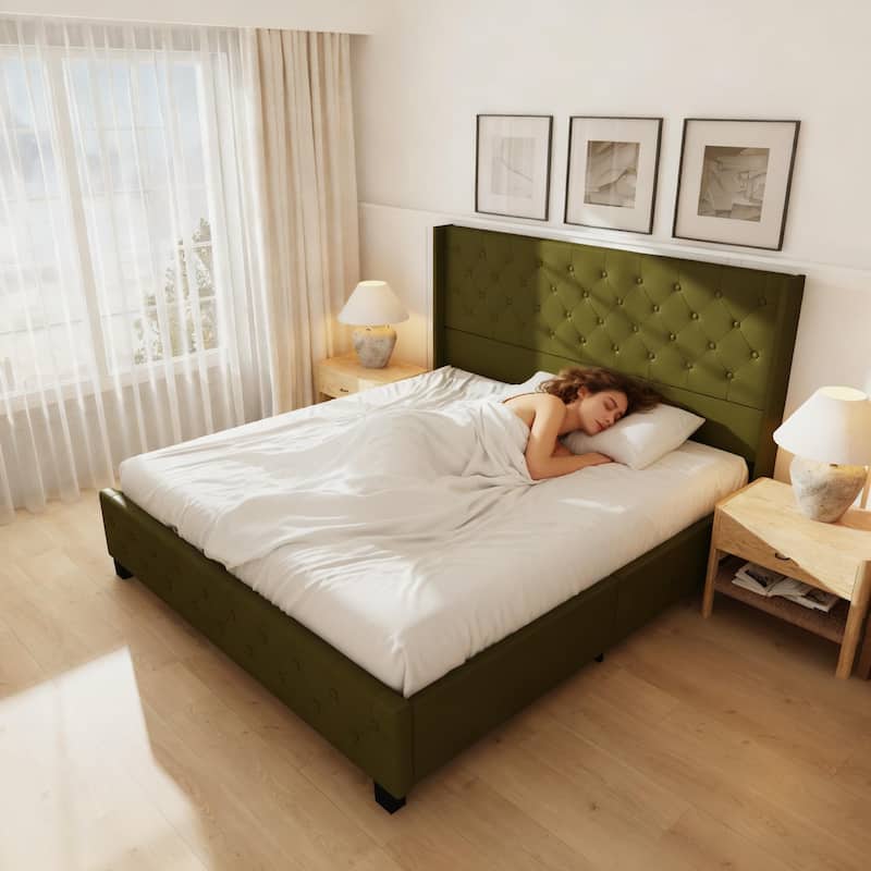 King Size Olive Green Leather Upholstered Platform Bed with Extra Tall 52.8" Tufted Wingback Headboard Bed Frame