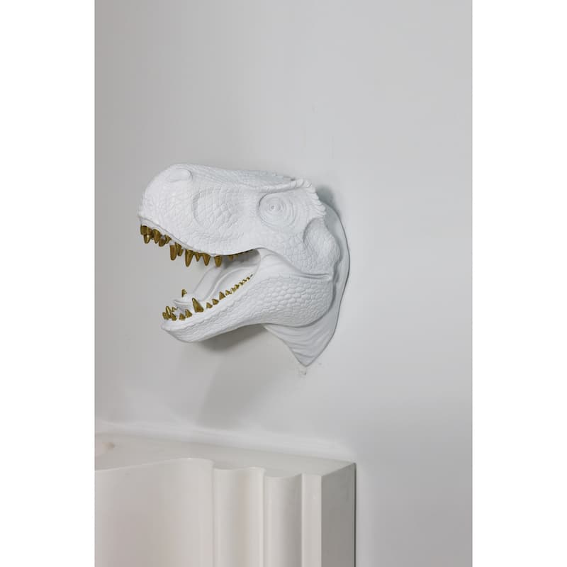 Dinosaur Head Wall Mounted Sculpture - 13.5" - White and Gold