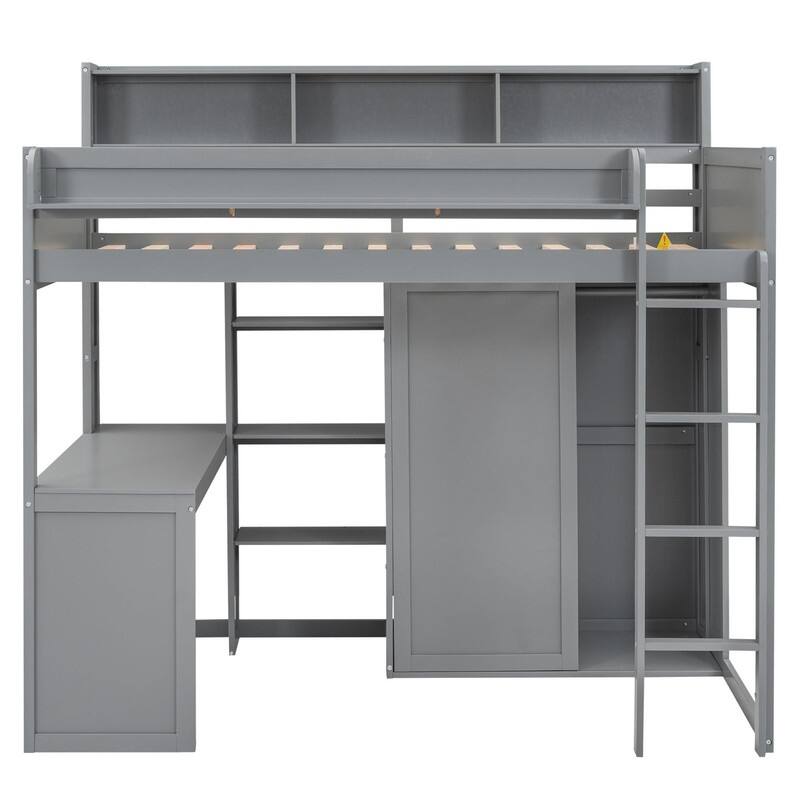 Wooden Twin Size Loft bed with Multiple Storage Shelves and Wardrobe