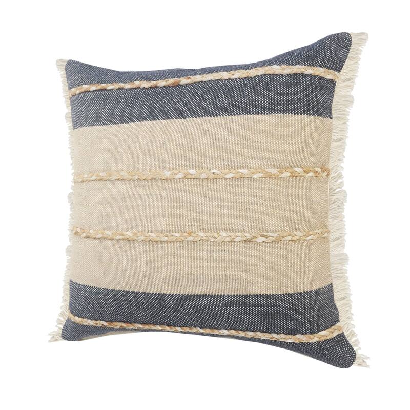 20" Tan and Blue Striped Square Throw Pillow with Jute Braiding