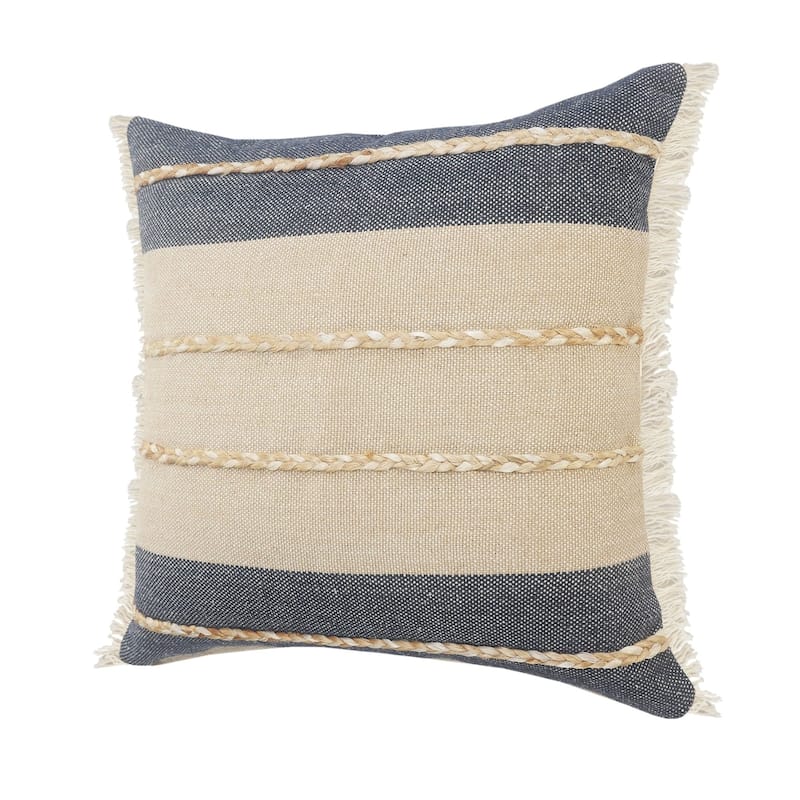 24" Tan and Blue Striped Square Throw Pillow with Jute Braiding