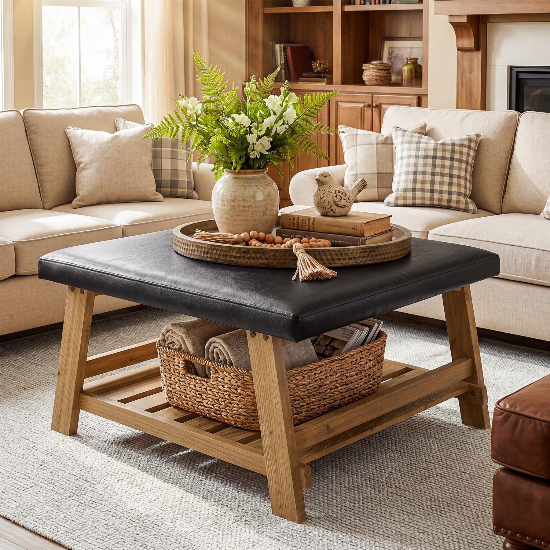 31.5-inch Square Upholstered Ottoman Coffee Table with Solid Wood Storage Shelf
