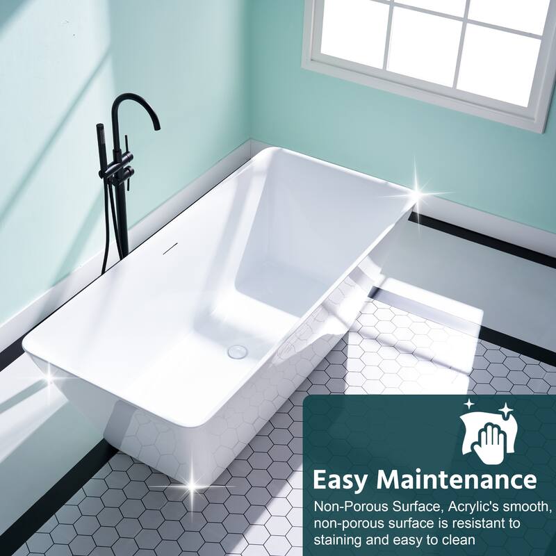 66'' W,78 GALLONS Freestanding Acrylic Soaking Bathtub With Drain And Overflow Holes